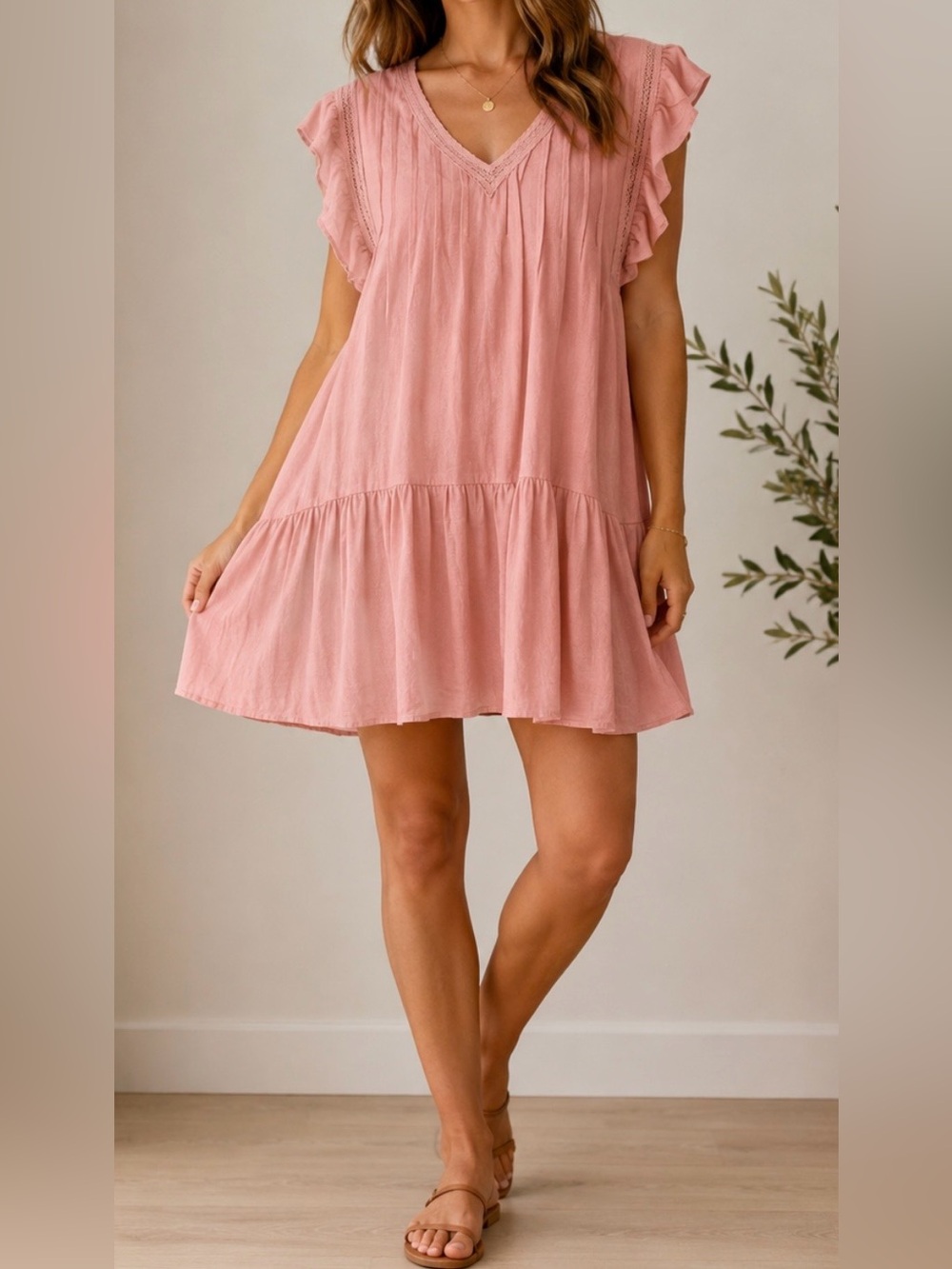 Relaxed Pink Ruffle-Sleeve Tiered Mini Dress